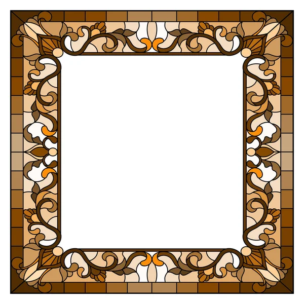 Illustrazione in vetro colorato stile cornice floreale, fiori e foglie in cornice, tono marrone, seppia — Vettoriale Stock