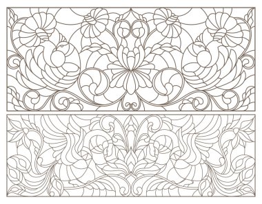 Kuşlar ve çiçeklerle boyanmış vitray çizimleri, beyaz arka planda koyu renk çizgiler.