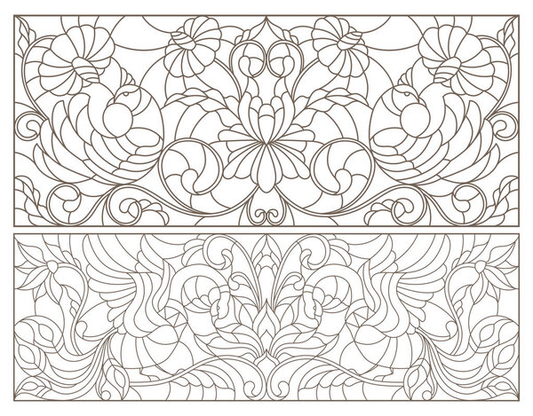Set of contour illustrations of stained glass with birds and flowers, dark outline on white background