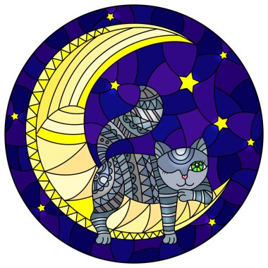 Illustration in stained glass style with fabulous grey kitten  on the moon on a starry sky background, round image  clipart