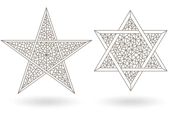 Conjunto de ilustrações de contorno de vitrais Janelas com estrelas, estrelas de seis pontas e cinco pontas, contornos escuros sobre um fundo branco — Vetor de Stock