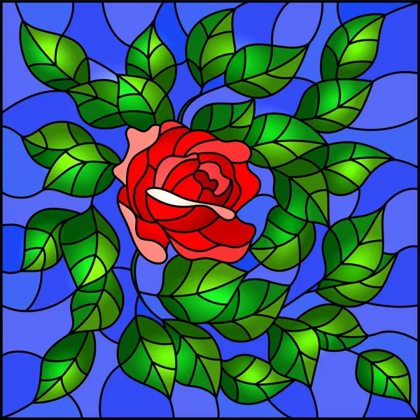 Illustration in stained glass style flower of red rose on a sky background, square image — ストックベクタ