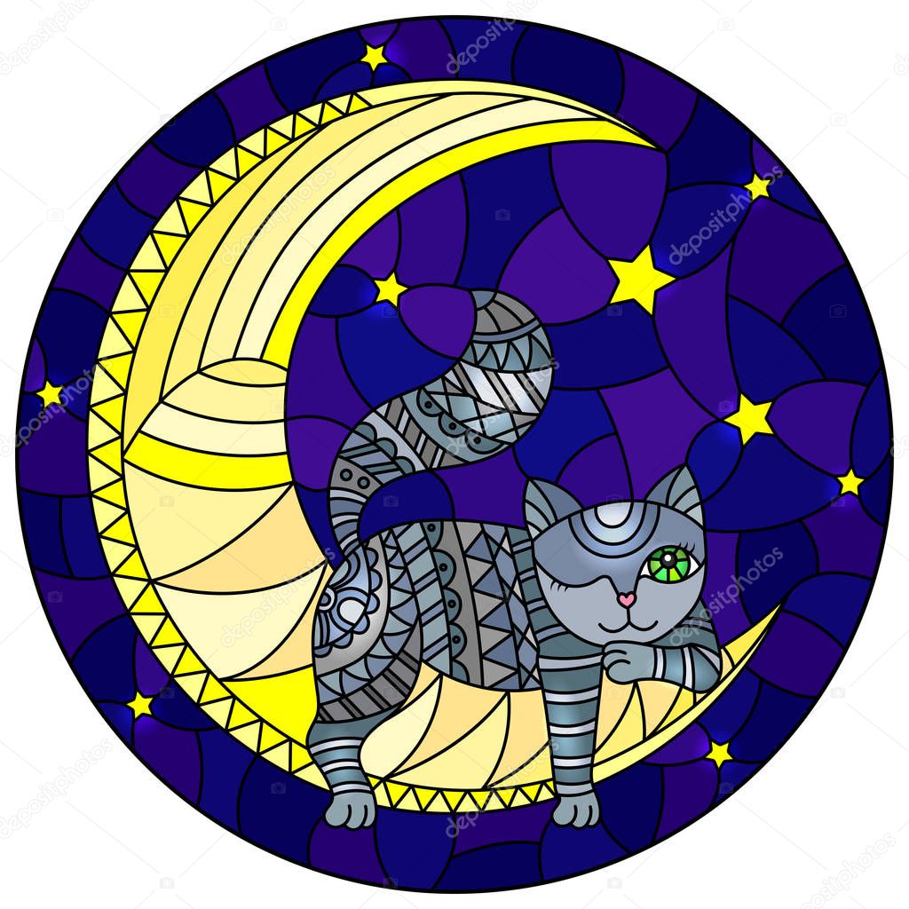Illustration in stained glass style with fabulous grey kitten  on the moon on a starry sky background, round image 