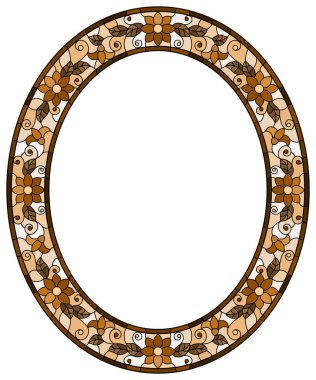 Vitray tarzı çiçek çerçeve, kahverengi çiçek ve yaprak beyaz bir arka plan üzerinde resimde