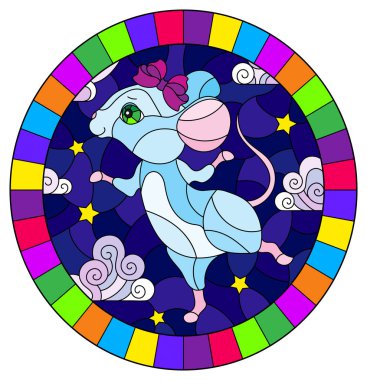 Yıldızlı gökyüzü ve bulutların arka planında dans eden bir fare ve parlak çerçeveli oval bir resim