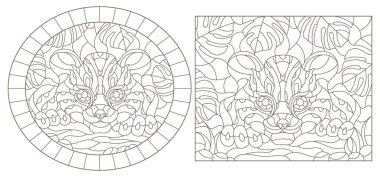 Tropikal bitkilerin arka planında bir Çita ile renklendirilmiş cam çizimleri, yuvarlak ve kare görüntü, beyaz arka planda koyu hatlar ayarlayın