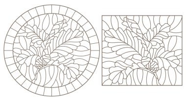 Meşe dalları, meşe palamutları ve yaprakları olan, beyaz arka planda koyu renkli çizgiler.