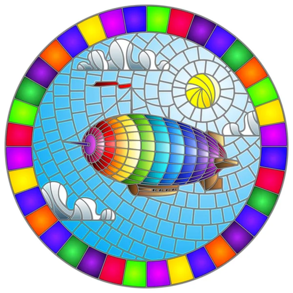 Ilustrace ve stylu barevného skla s balónem na obloze, slunci a mračnech, oválný obraz v jasném rámu — Stockový vektor