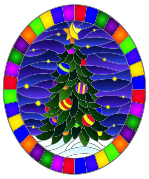 Ilustración en estilo vitral con un árbol de Navidad sobre un fondo de nieve y cielo estrellado, ilustración ovalada en marco brillante — Vector de stock