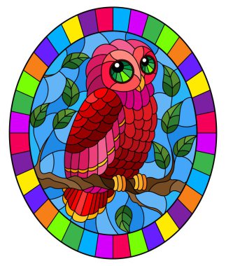 Gökyüzüne karşı bir ağaç dalında duran muhteşem kırmızı baykuşlu boyalı cam bir resim, parlak çerçeveli oval resim