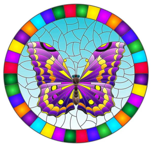 Εικόνα σε χρωματισμένο γυαλί στυλ με φωτεινή μωβ πεταλούδα σε μπλε φόντο, οβάλ εικόνα σε φωτεινό πλαίσιο — Διανυσματικό Αρχείο