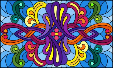 Mavi arka planda soyut girdaplar, çiçekler ve yapraklar ile boyalı cam tarzında resim, yatay yönelim