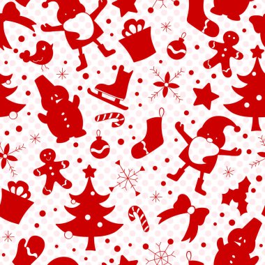 Yeni yıl ve Noel temasında pürüzsüz desen, beyaz arka plan benekli basit kırmızı siluetler