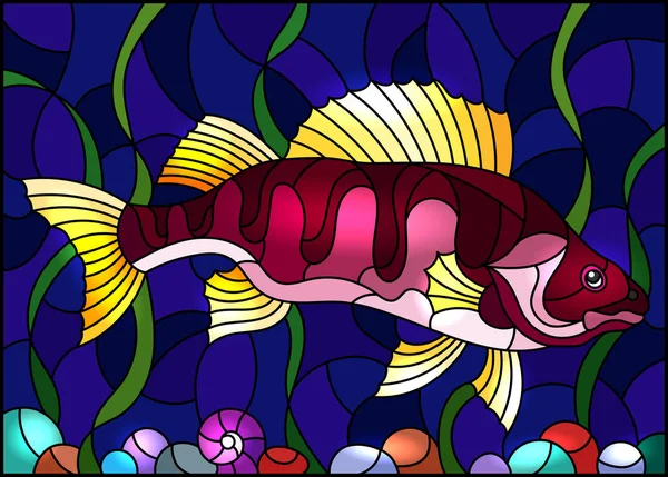 Illustration i färgat glas stil med en abstrakt fisk på bakgrunden av vatten och alger — Stock vektor