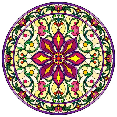 Renkli cam tarzında resim, çiçek süsleri ve girdaplı yuvarlak ayna görüntüsü, sarı arkaplanda parlak çiçekler.