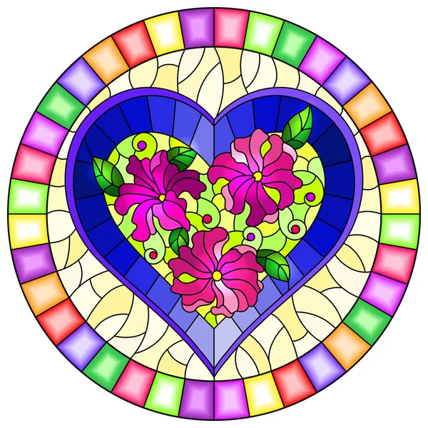 Ilustración en estilo vitral con corazón azul brillante y flores rosadas sobre fondo amarillo, imagen ovalada en marco brillante — Vector de stock