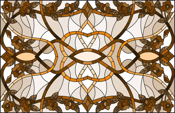 Illustration en vitrail avec des fleurs abstraites de roses, tourbillons et feuilles sur un fond clair, orientation horizontale, sépia — Image vectorielle