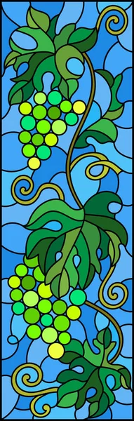 The illustration in stained glass style painting with a bunch of green grapes and leaves on blue background,vertical image — Stock Vector