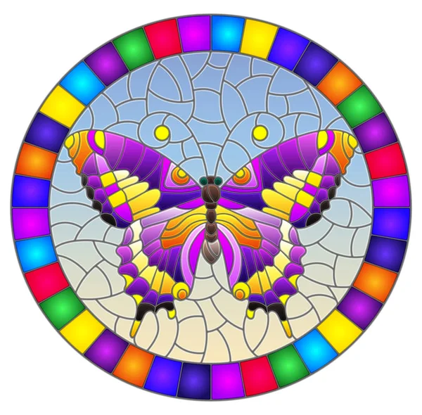 Illustration en style vitrail avec papillon violet vif sur fond bleu, image ovale dans un cadre lumineux — Image vectorielle