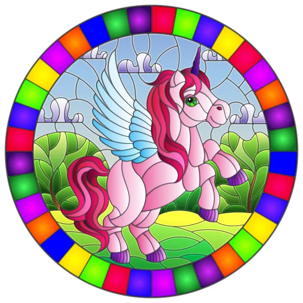 Ilustrasi dalam gaya kaca patri dengan kartun unicorn merah muda di latar belakang hijau dan langit, gambar oval dalam bingkai terang - Stok Vektor