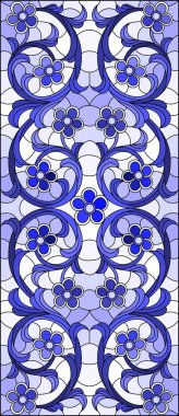 Soyut çiçekleri, açık arkaplanda girdapları ve yaprakları, yatay mavi tonu ile boyalı cam tarzında resmetme