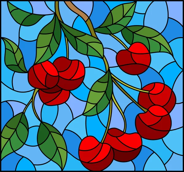 Ilustração no estilo de uma janela de vitrais com os ramos de cerejeira, os ramos, folhas e bagas contra o céu —  Vetores de Stock