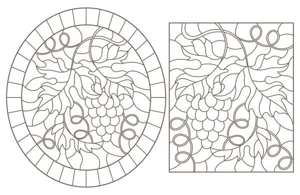 Conjunto de ilustraciones de contorno de vidrieras con uvas y hojas de uva, contorno negro sobre fondo blanco — Vector de stock
