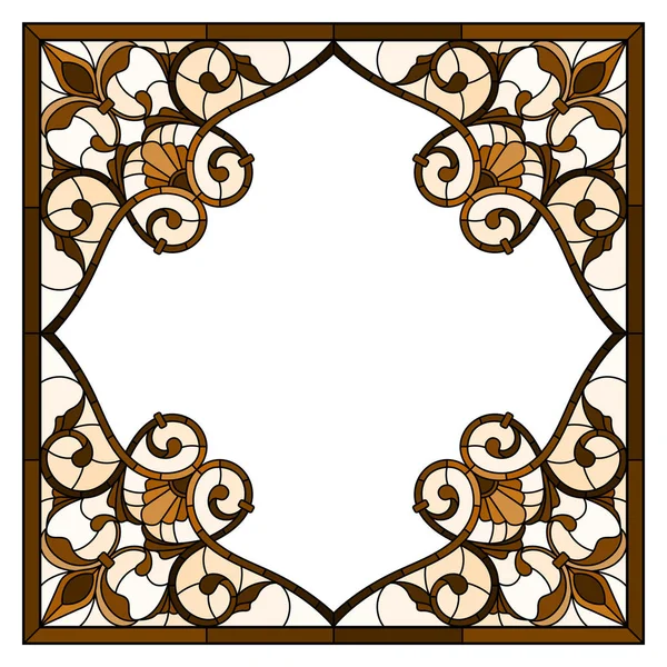 Illustration in stained glass style flower frame,  flowers and  leaves in frame, tone brown, sepia — Stock Vector