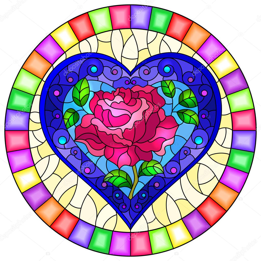 Illustration in stained glass style with bright blue heart and pink rose flower on blue background, oval image in bright frame