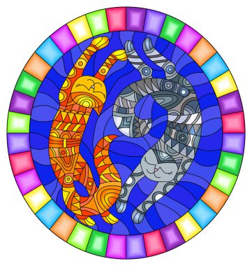 Mavi arka planda bir çift soyut geometrik kedi ve parlak çerçevede oval görüntü ile boyalı cam tarzında bir resim