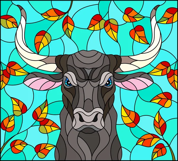 Ilustración en estilo vitral con cabeza de toro, sobre el fondo de ramas de árboles otoñales y el cielo, una imagen rectangular — Archivo Imágenes Vectoriales