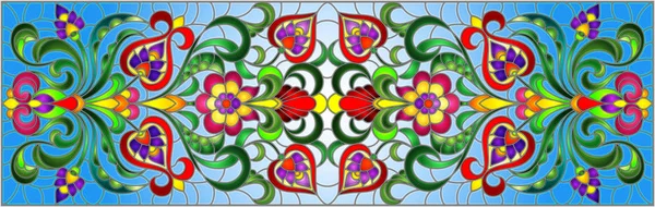 Ilustración en estilo vitral con remolinos abstractos, flores y hojas sobre fondo azul, orientación horizontal — Vector de stock