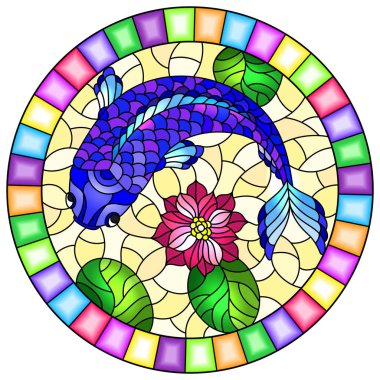 Mavi balıklı, pembe nilüferli, parlak çerçeveli yuvarlak bir resim. 