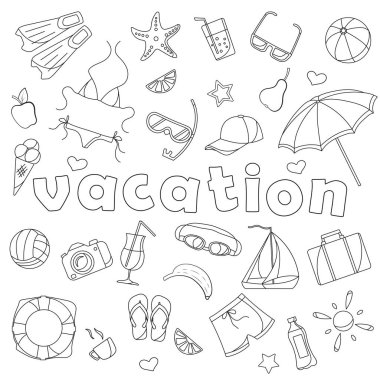 Tatil konusu üzerine bir dizi basit simge, basit özet beyaz arkaplan üzerine koyu çizgiler çizdi