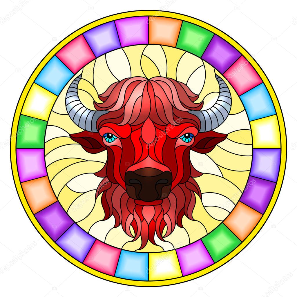 Illustration in stained glass style with bison red head in round frame on white background