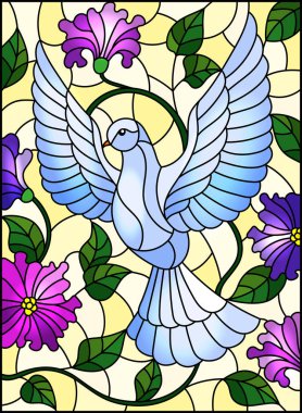 Sarı arka planda uçan beyaz güvercin ve mor çiçeklerle renklendirilmiş cam resim