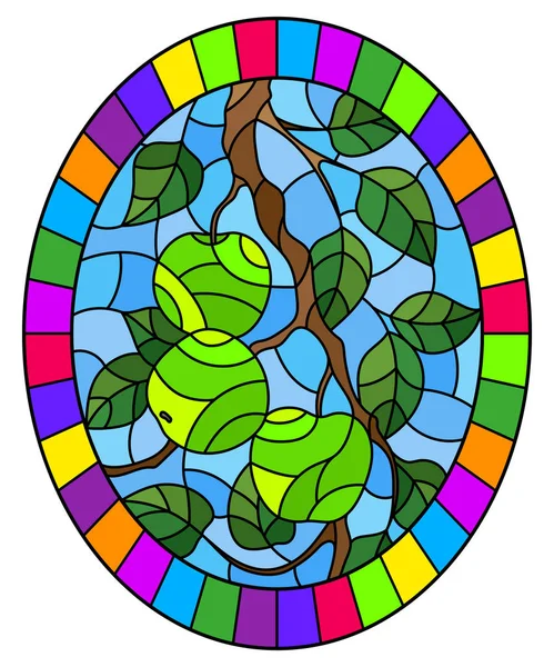 Ilustrație în stilul unei ferestre de vitralii cu ramurile copacilor de mere, ramurile fructelor și frunzele pe cer, imaginea ovală în cadru luminos — Vector de stoc