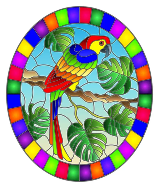 Ilustracja w stylu witrażu ptak parakeet na gałęzi drzewa tropikalnego przed niebem, owalny obraz w jasnej ramce — Wektor stockowy