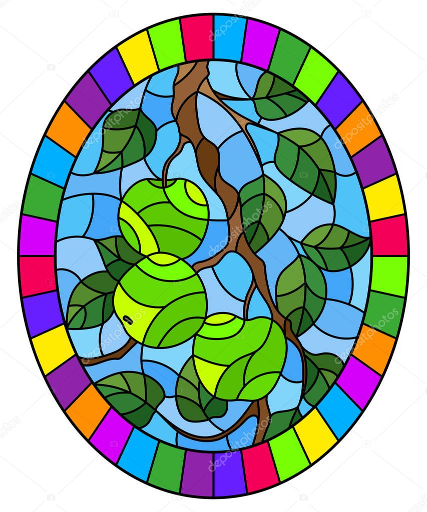 Illustration in the style of a stained glass window with the branches of Apple trees , the fruit branches and leaves against the sky, oval image in bright frame