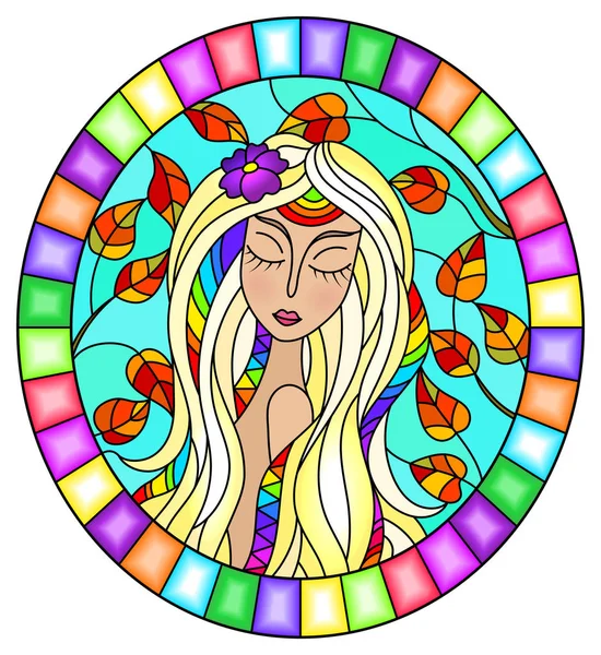 青い空を背景にブロンドの髪と秋の木の枝を持つ少女とステンドグラスのスタイルの絵画のイラスト、明るいフレーム内の楕円形の画像 — ストックベクタ