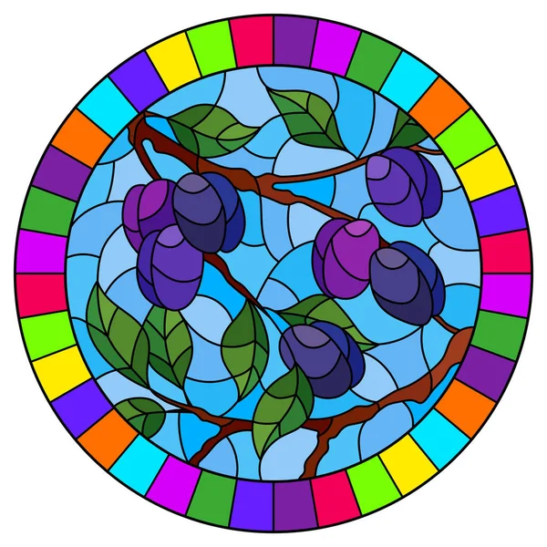 Kuvitus lasimaalauksen tyyliin luumupuun oksilla, oksilla, lehdillä ja hedelmillä taivasta vasten, soikea kuva kirkkaassa kehyksessä — vektorikuva