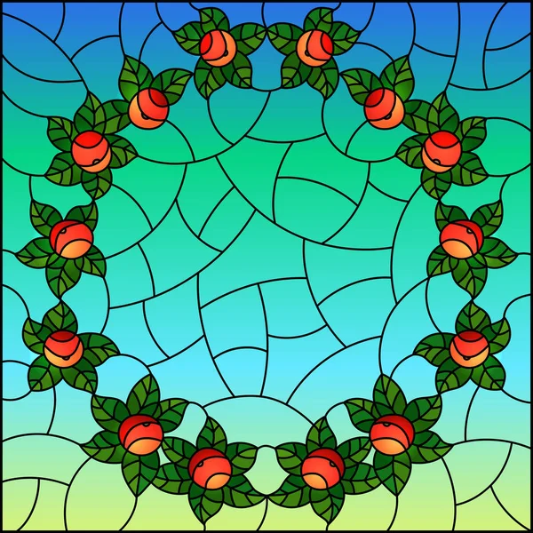 Illustration en vitrail avec des pommes et des feuilles sur fond de ciel — Image vectorielle