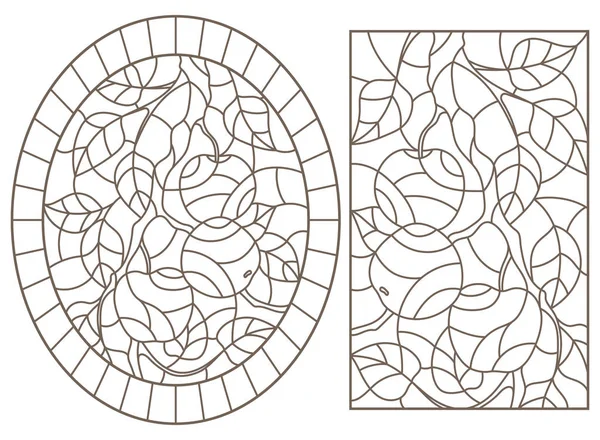 Série d'illustrations de contours de vitraux avec branches d'arbres, branche de pommier avec fruits mûrs et feuilles, contours sombres sur fond blanc — Image vectorielle