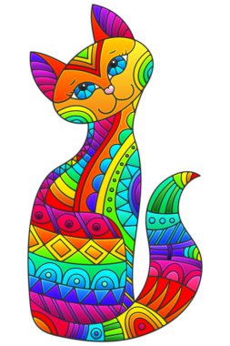 Gökkuşağı kedili bir takım vitray elementler, beyaz arkaplanda izole görüntü