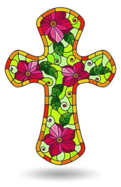 As ilustrações no estilo vitral com de cruz cristã com flores rosa — Vetor de Stock