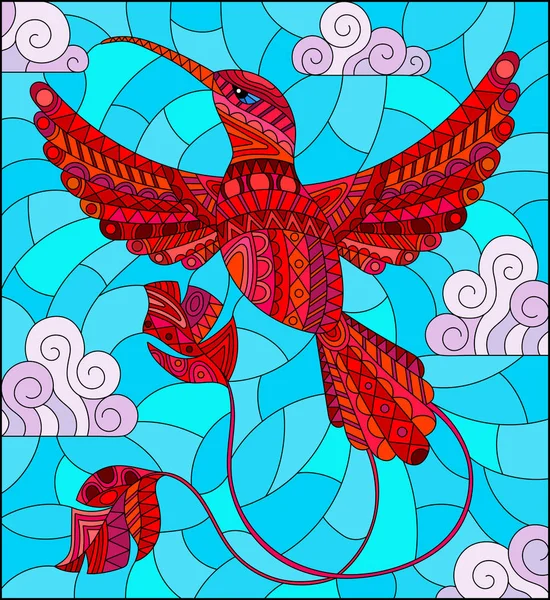 Ilustrace ve stylu barevného skla s abstraktním červeným kolibříkem letícím proti obloze a mrakům — Stockový vektor