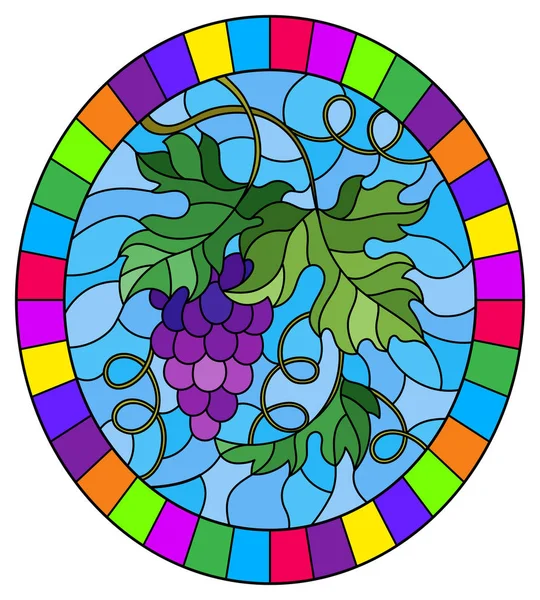 Die Illustration in Glasmalerei mit einer Traube roter Trauben und Blättern auf blauem Hintergrund, ovales Bild in hellem Rahmen — Stockvektor