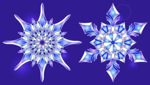 Copos de nieve engastados en un estilo de vidrieras, copos de nieve ligeros sobre un fondo azul — Vector de stock