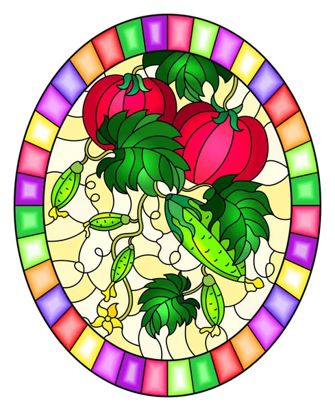 Illustration im Glasmalereistil mit Gemüsekomposition, reifen Tomaten, Gurken und Blättern auf gelbem Hintergrund, ovales Bild in hellem Rahmen — Stockvektor
