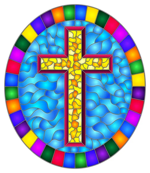 Illustration en style vitrail avec une croix jaune sur un fond bleu abstrait, cadre ovale en lumineux — Image vectorielle
